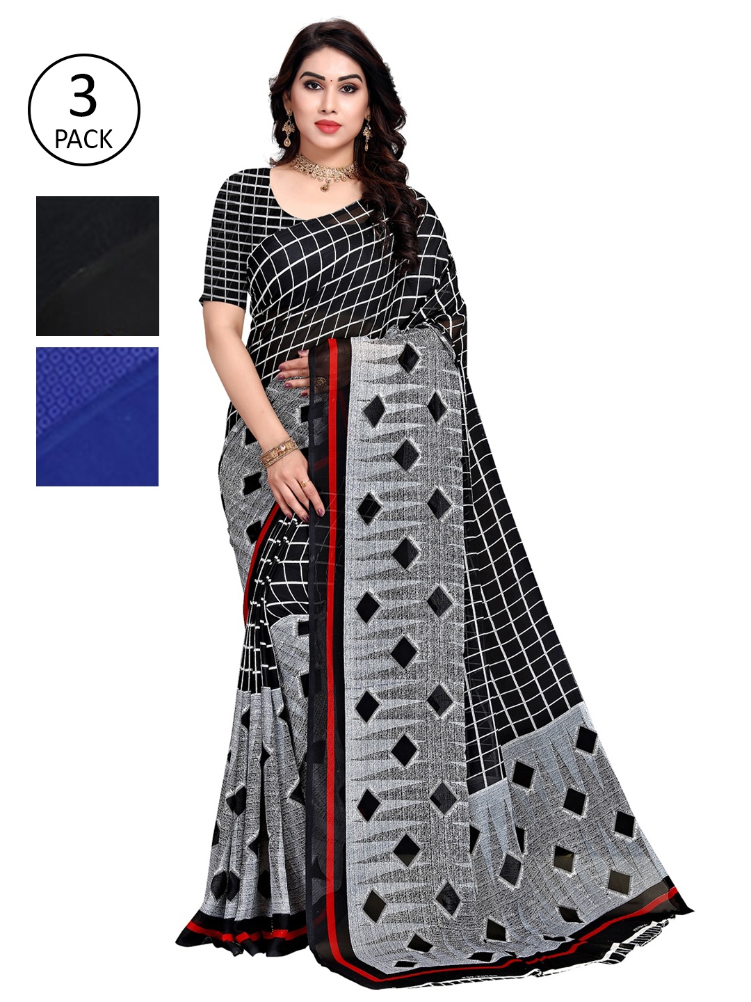 ANAND SAREES Pack Of 3 Printed Sarees, Black