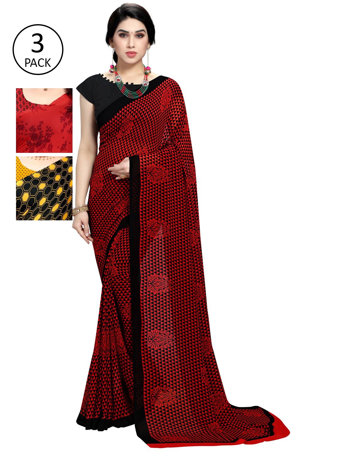 KALINI Pack Of 3 Yellow & Black Poly Georgette Saree