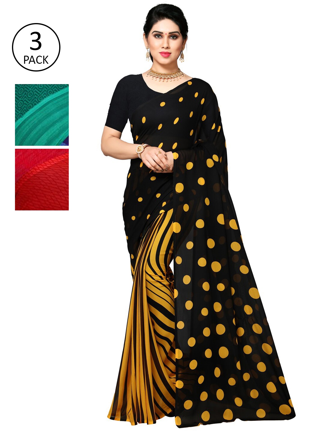 KALINI Pack of 3 Poly Georgette Sarees, Yellow