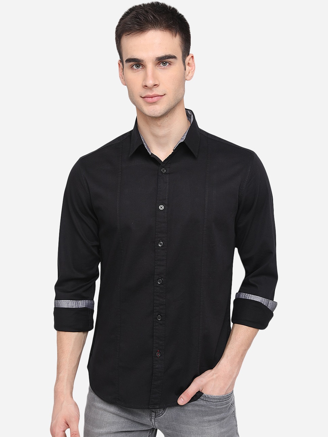 Greenfibre Men Black Solid Slim Fit Pure Cotton Casual Shirt