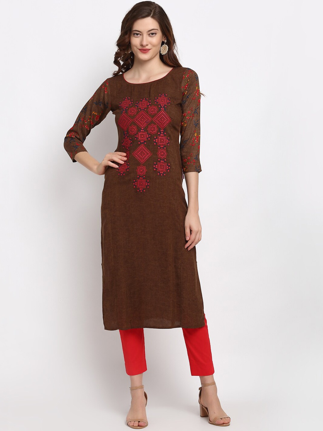 Lovely Lady Women Brown Ethnic Motifs Flared Sleeves Thread Work Kurta