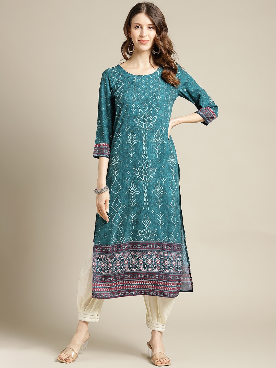 KSUT Women Teal & Purple Ethnic Motifs Printed Crepe Kurta