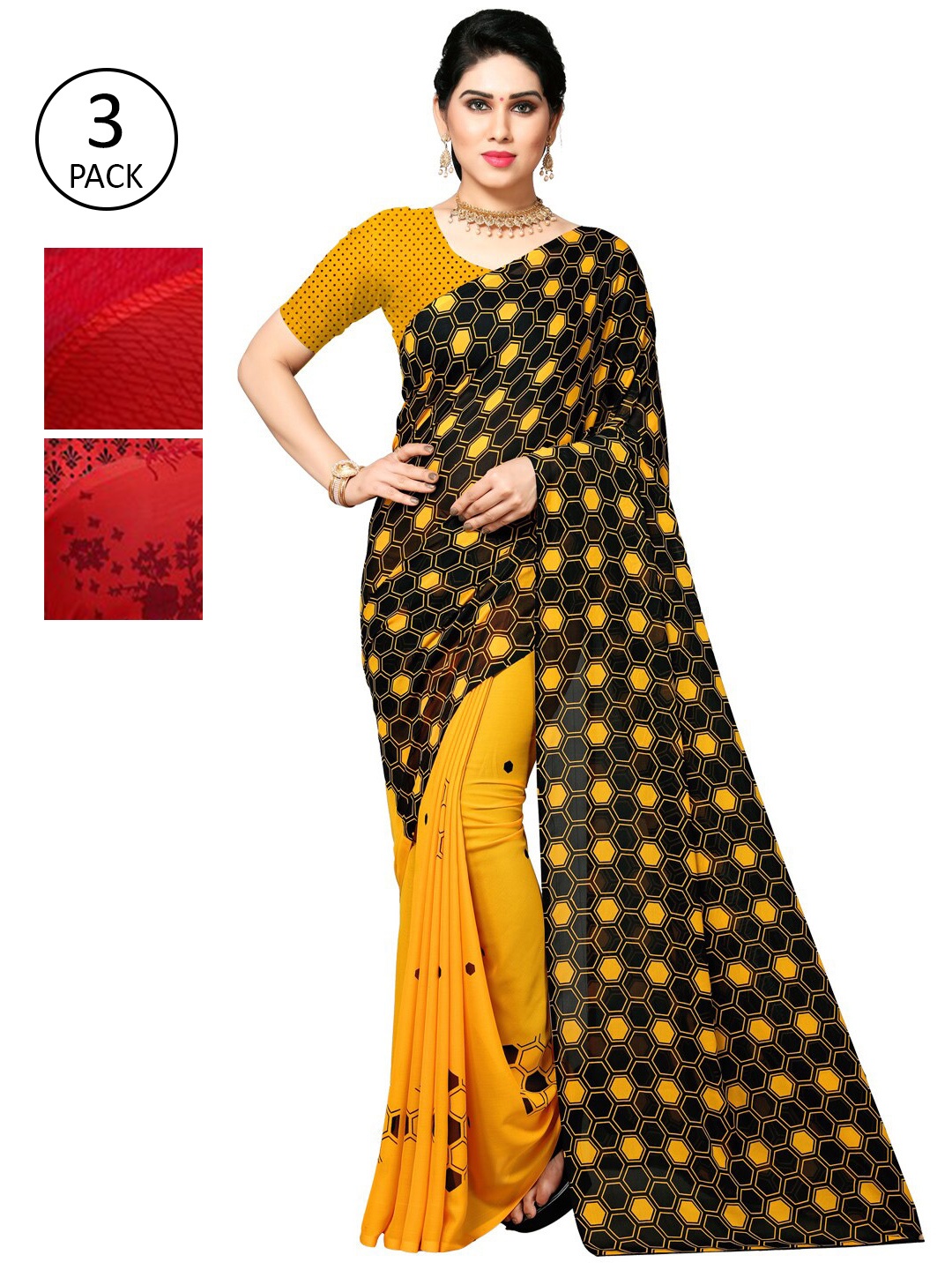 KALINI Multicoloured Set of 3 Poly Georgette Saree, Multi