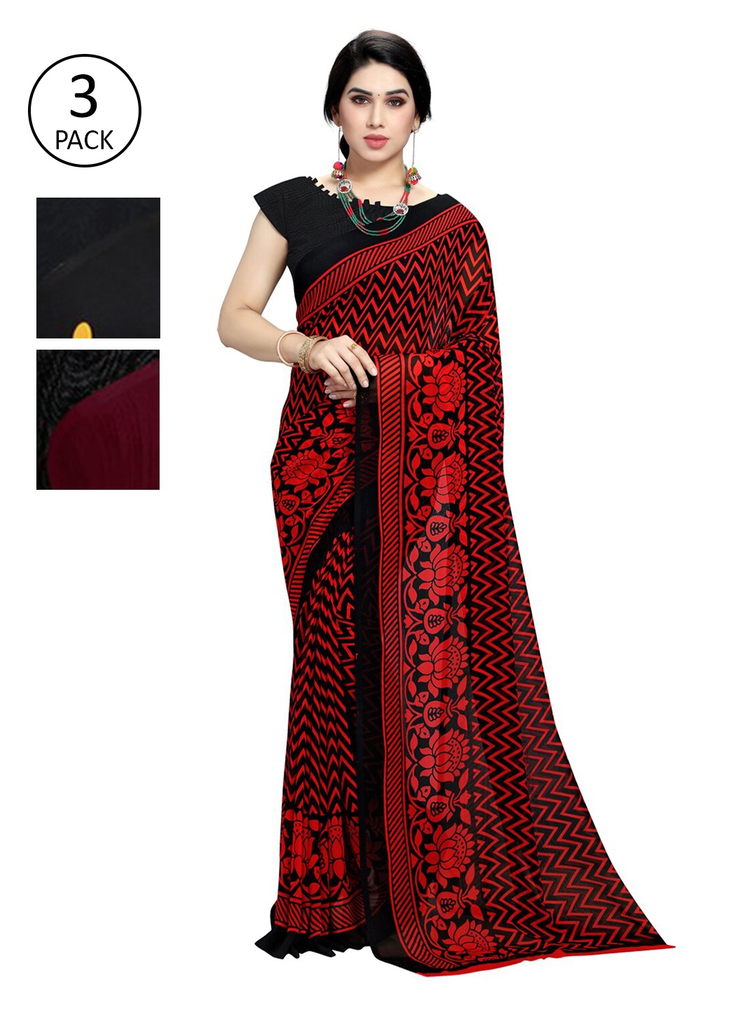 KALINI Pack Of 3 Printed Sarees, Burgundy