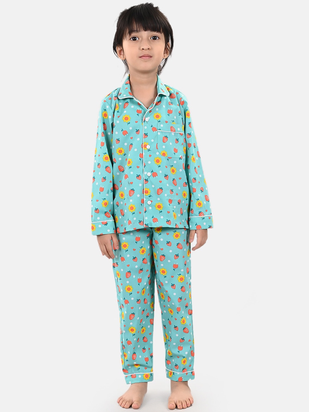 ESME Girls Turquoise Blue & Peach-Coloured Printed Night Suit