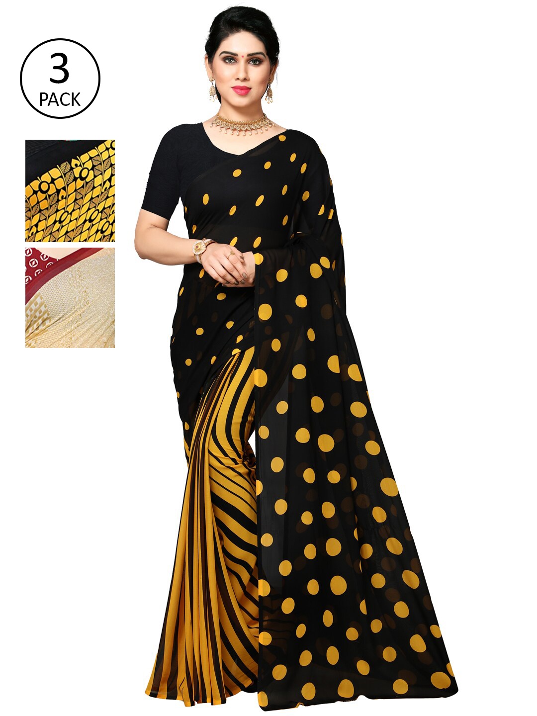 KALINI Pack of 3 Poly Georgette Printed Sarees, Mustard