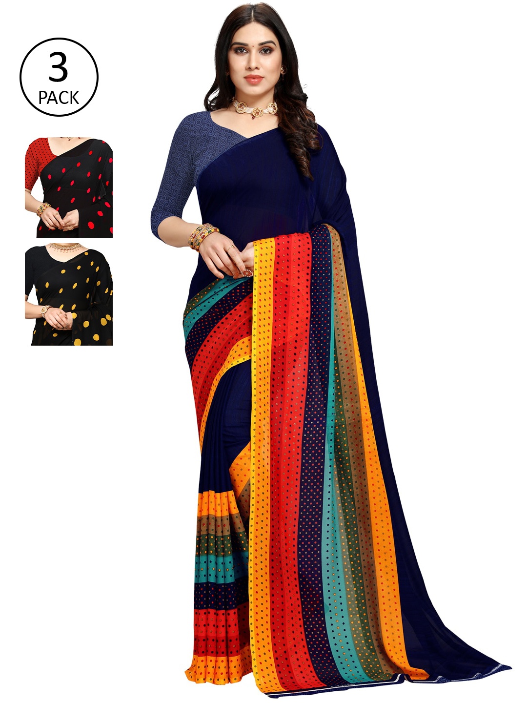KALINI Women Pack of 3 Printed Poly Georgette Sarees, Black