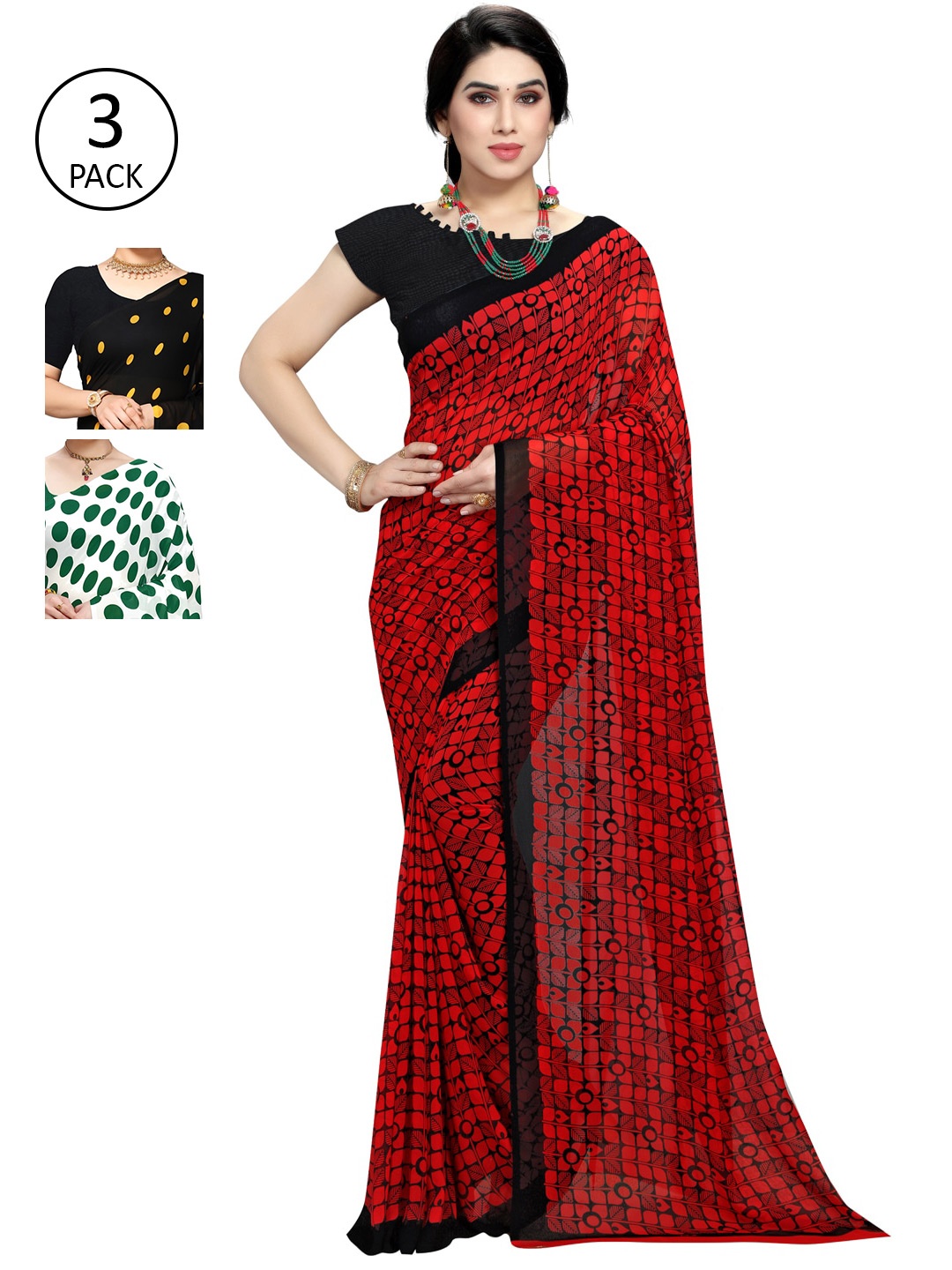 KALINI Pack of 3 Poly Georgette Sarees, White