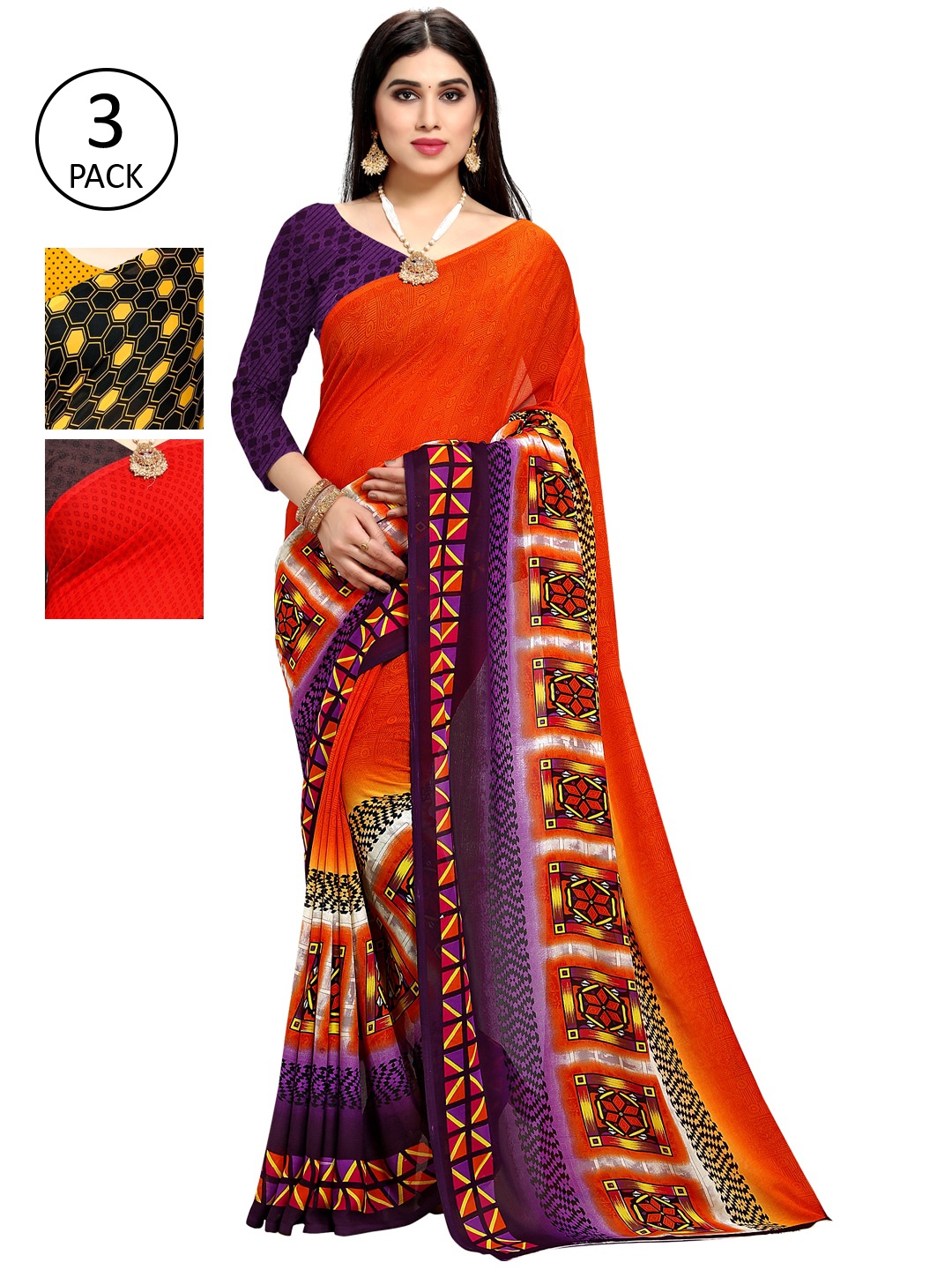 KALINI Yellow & Red Pack of 3 Printed Saree