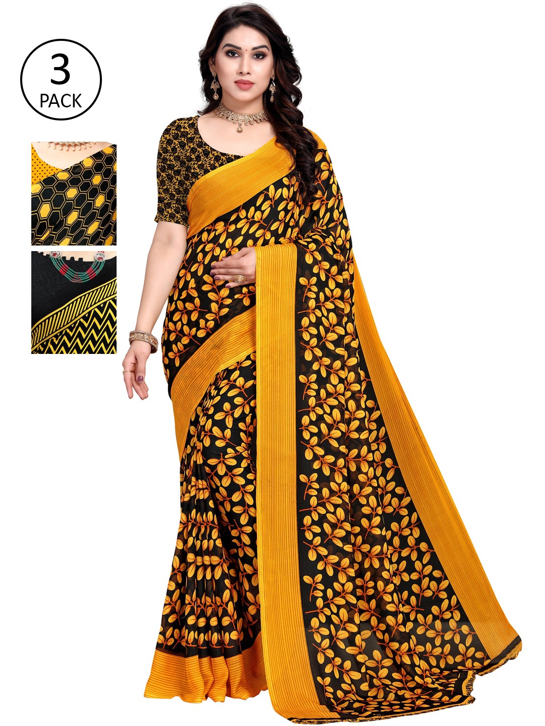 KALINI Yellow & Black Batik Pack of 3 Saree