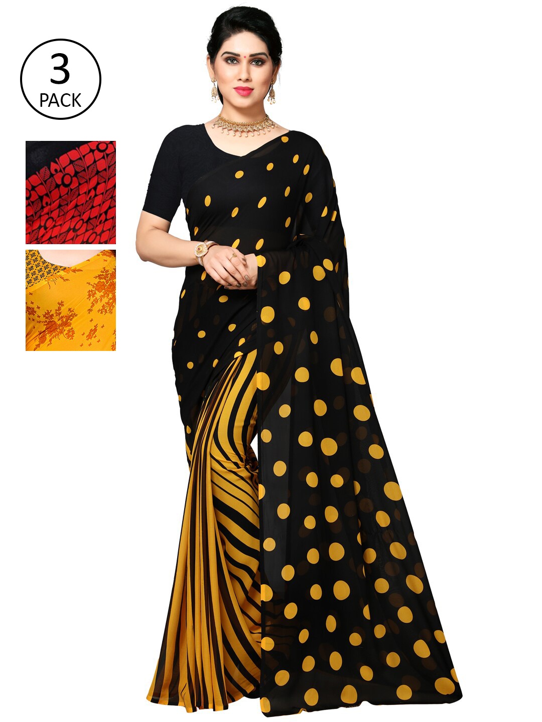 KALINI Pack of 3 Poly Georgette Printed Sarees, Mustard