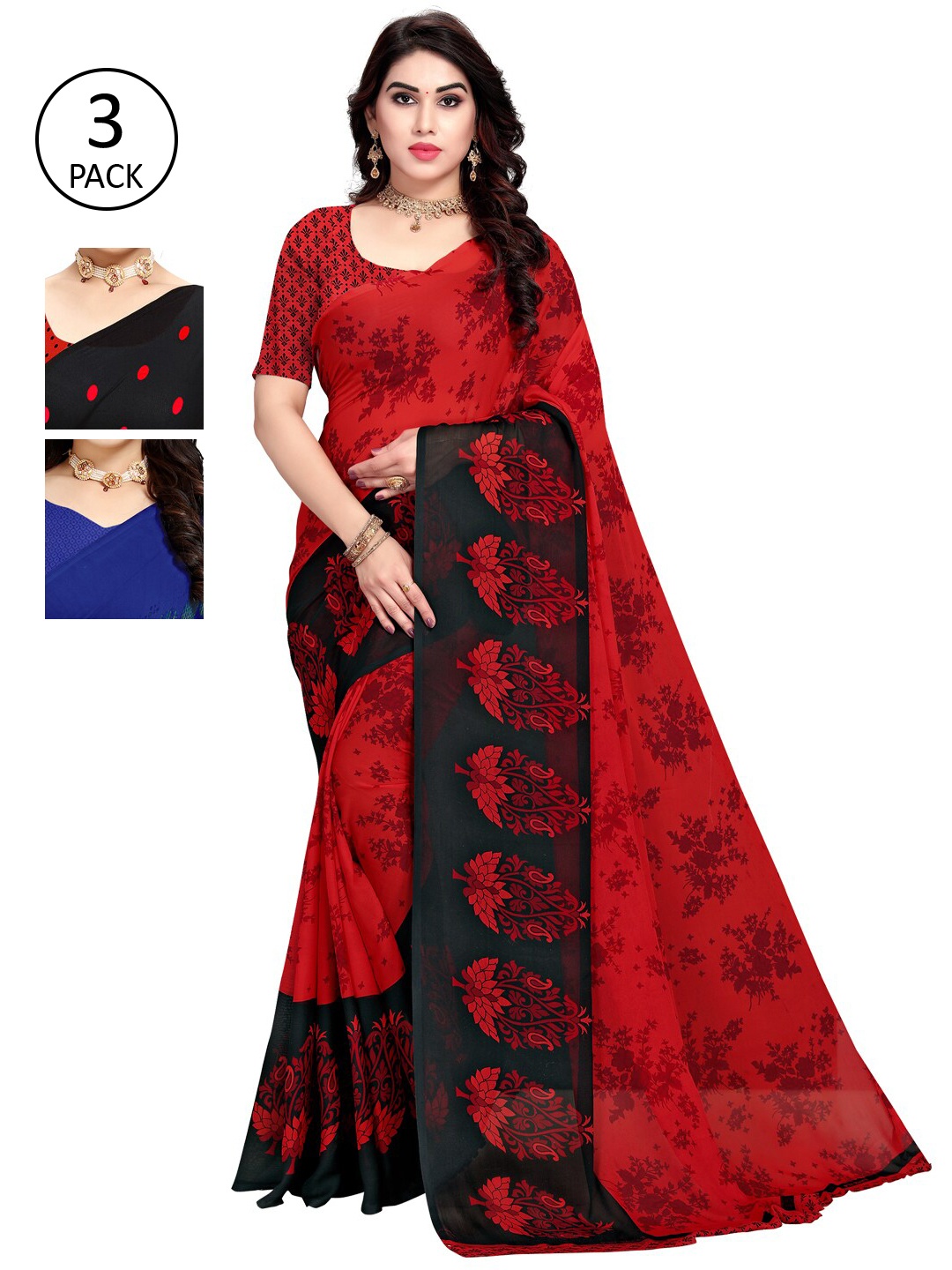 KALINI Pack Of 3 Poly Georgette Sarees, Red