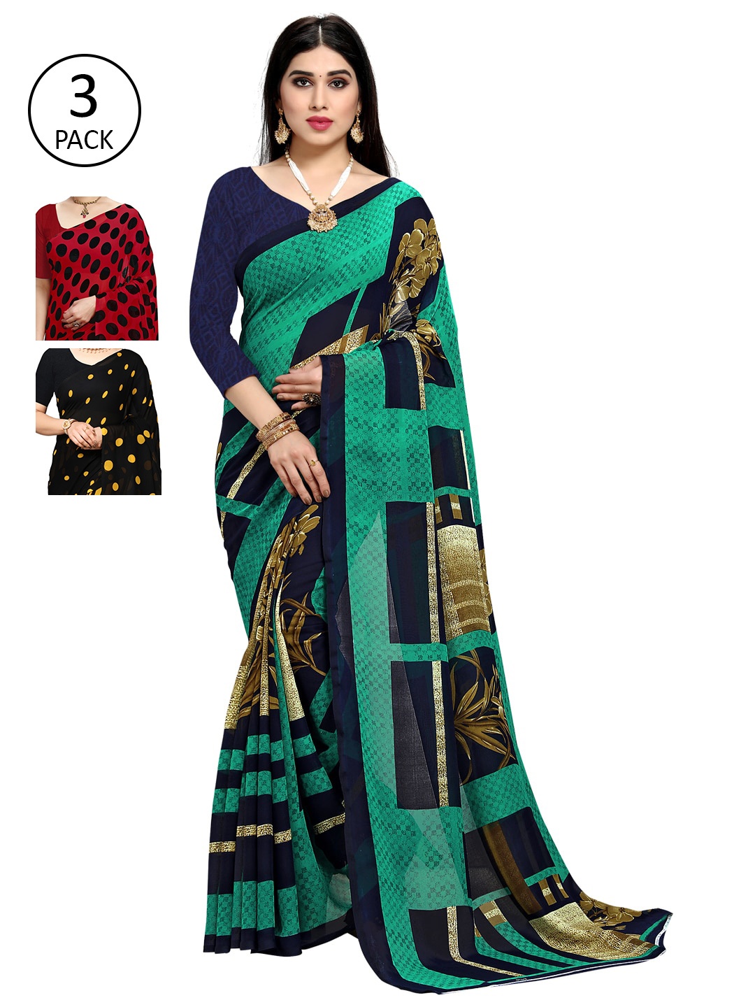 KALINI Pack of 3 Poly Georgette Sarees, Red