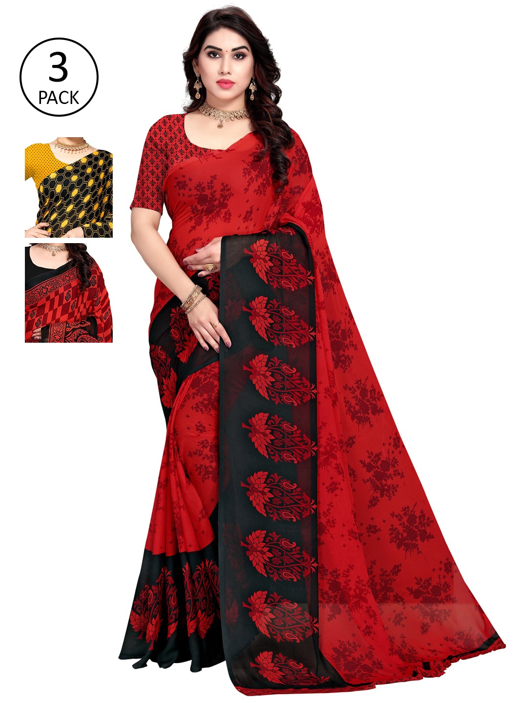 KALINI Multicoloured Set of 3 Poly Georgette Saree, Multi