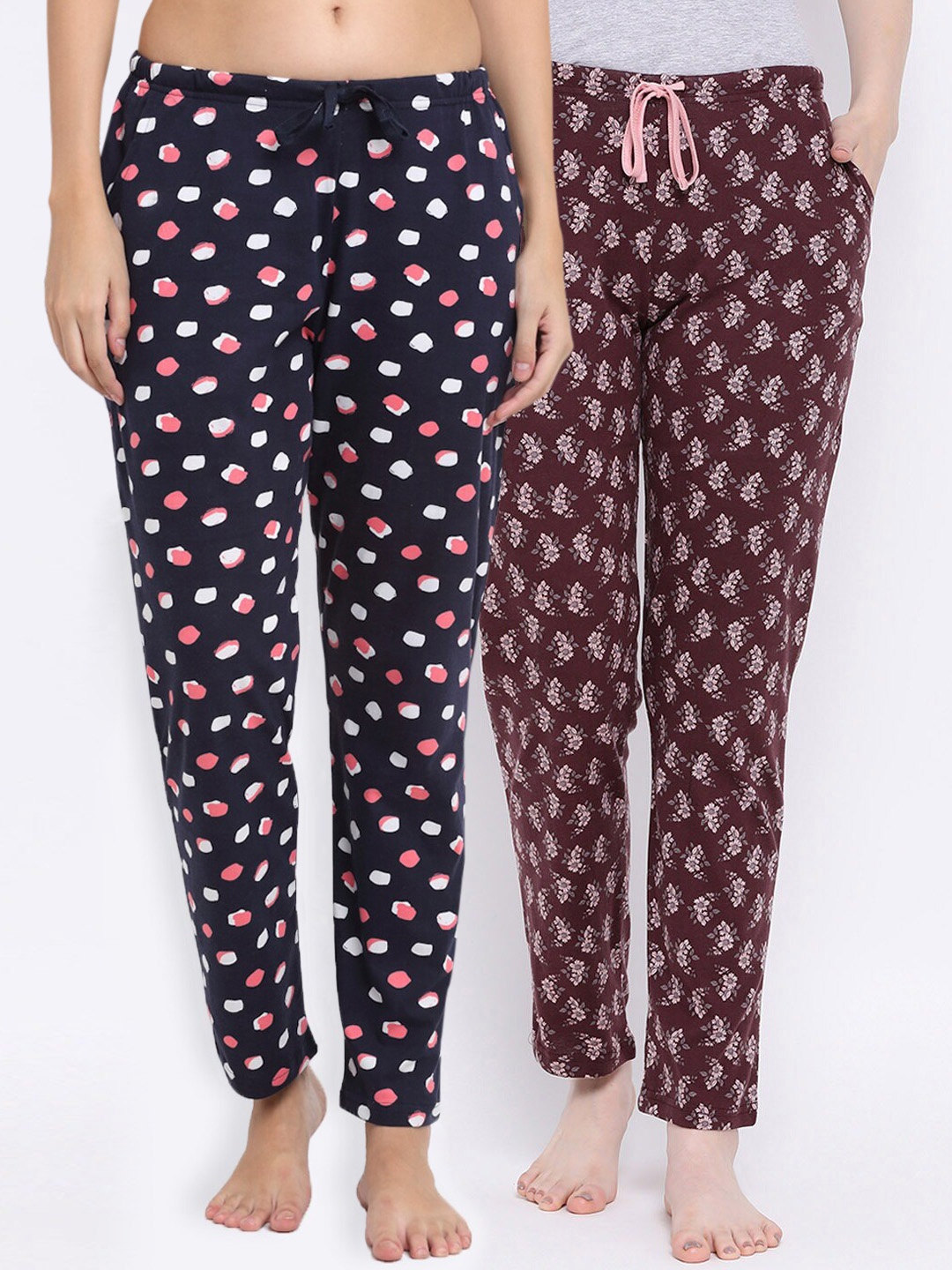 Kanvin Women Pack Of 2 Printed Pure Cotton Lounge Pants, Navy blue