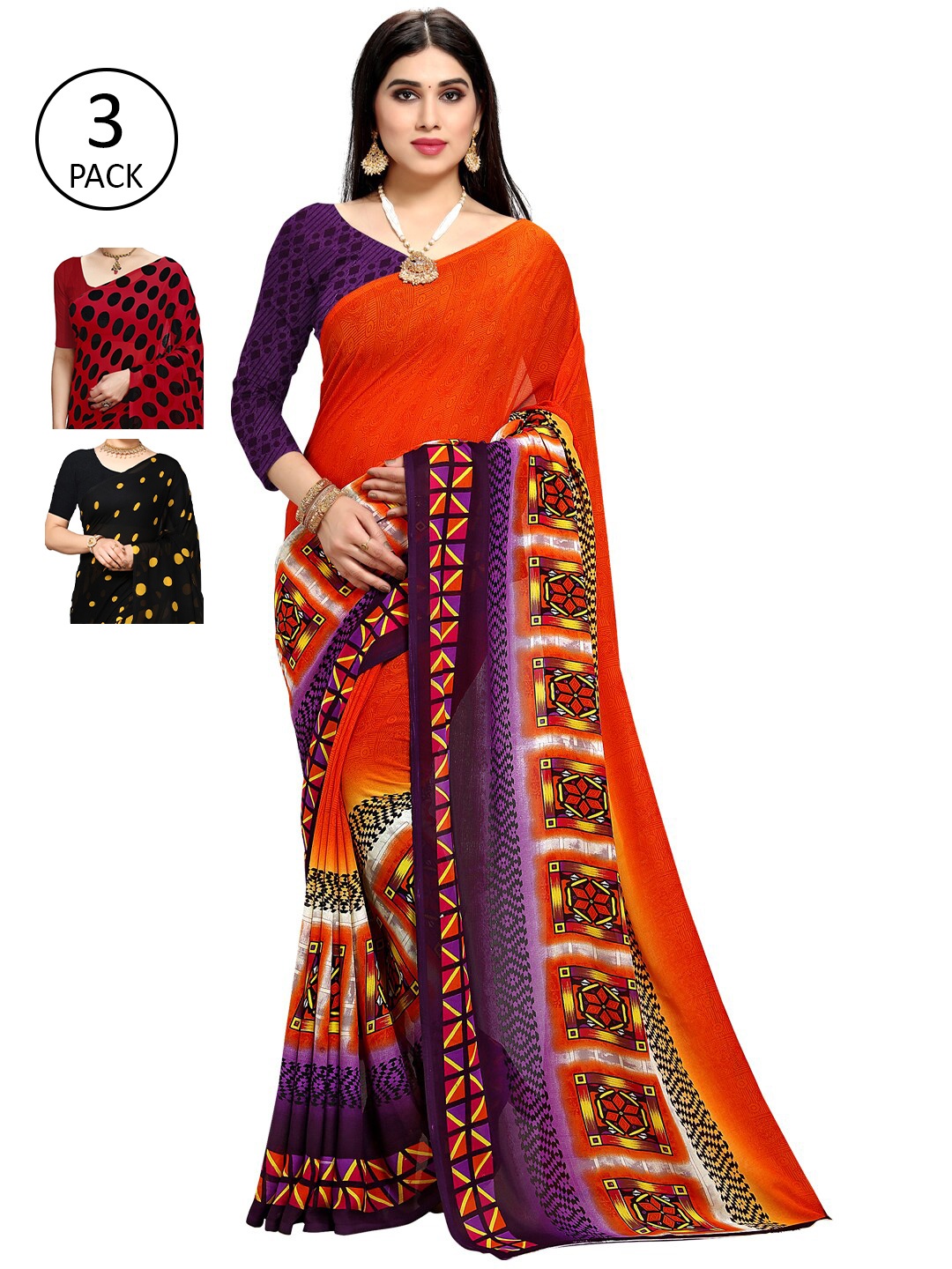 KALINI Yellow & Red Pack of 3 Printed Saree