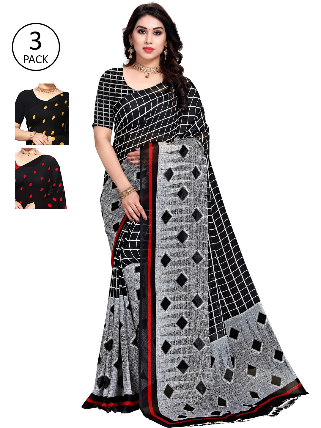 ANAND SAREES Pack of 3 Printed Poly Georgette Saree, Multi