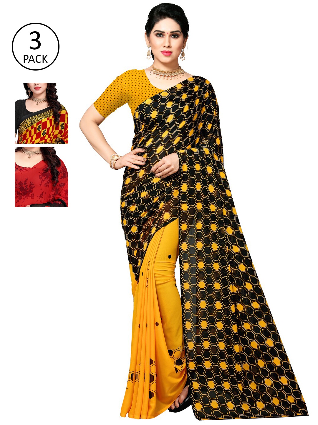 KALINI Red & Mustard Pack of 3 Printed Saree