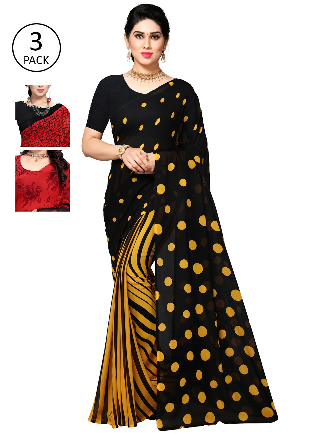 KALINI Pack of 3 Poly Georgette Printed Sarees, Black