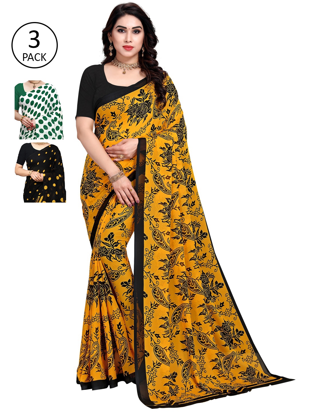 KALINI Multicoloured Set of 3 Poly Georgette Saree, Multi