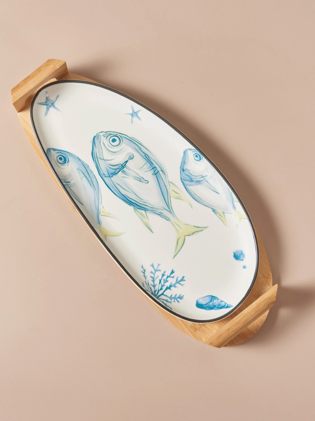 THEDECORKART White & Blue Aquatic Printed Ceramic Serving Platter With Wooden Server
THEDECORKART White & Blue Aquatic Printed Ceramic Serving Platter With Wooden Server