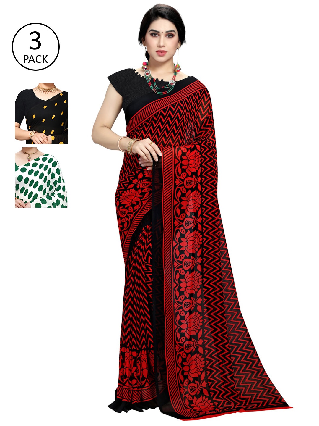 KALINI Multi Pack of 3 Printed Poly Georgette Saree