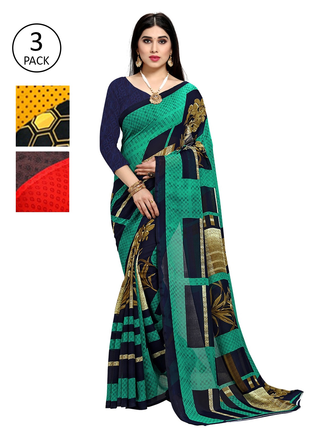 KALINI Pack of 3 Printed Sarees, Green