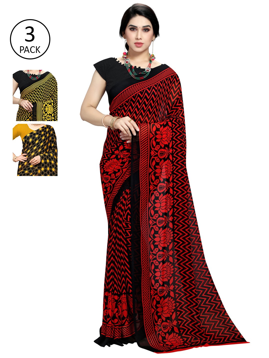 KALINI Yellow & Red Pack of 3 Printed Saree