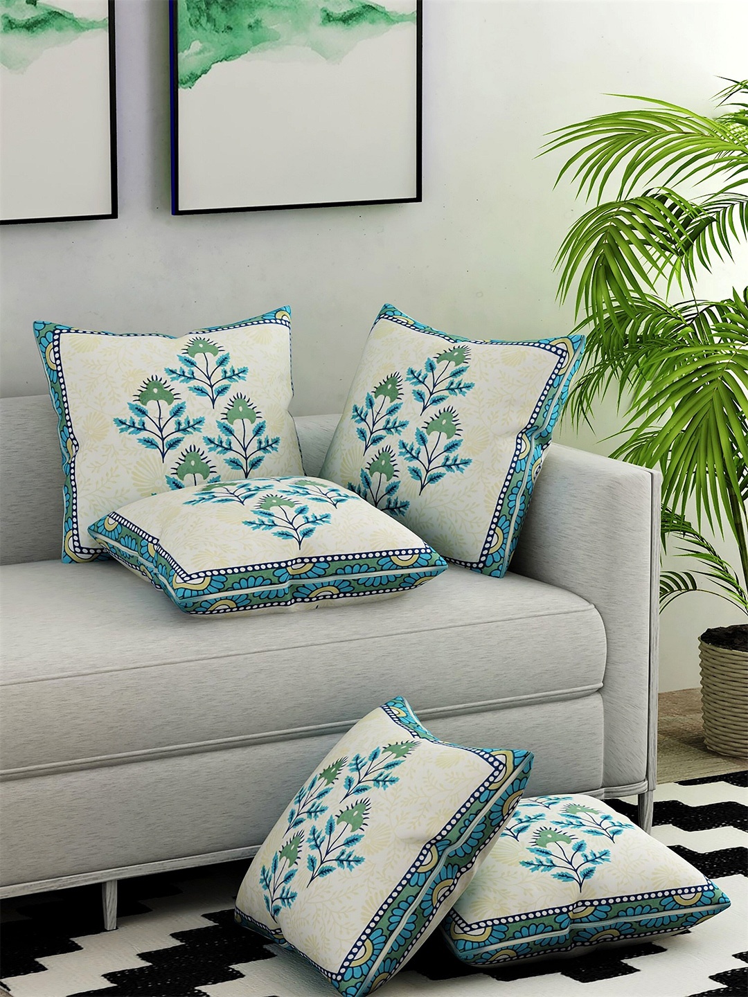 Salona Bichona Blue & White Set of 5 Ethnic Motifs Square Cotton Cushion Covers