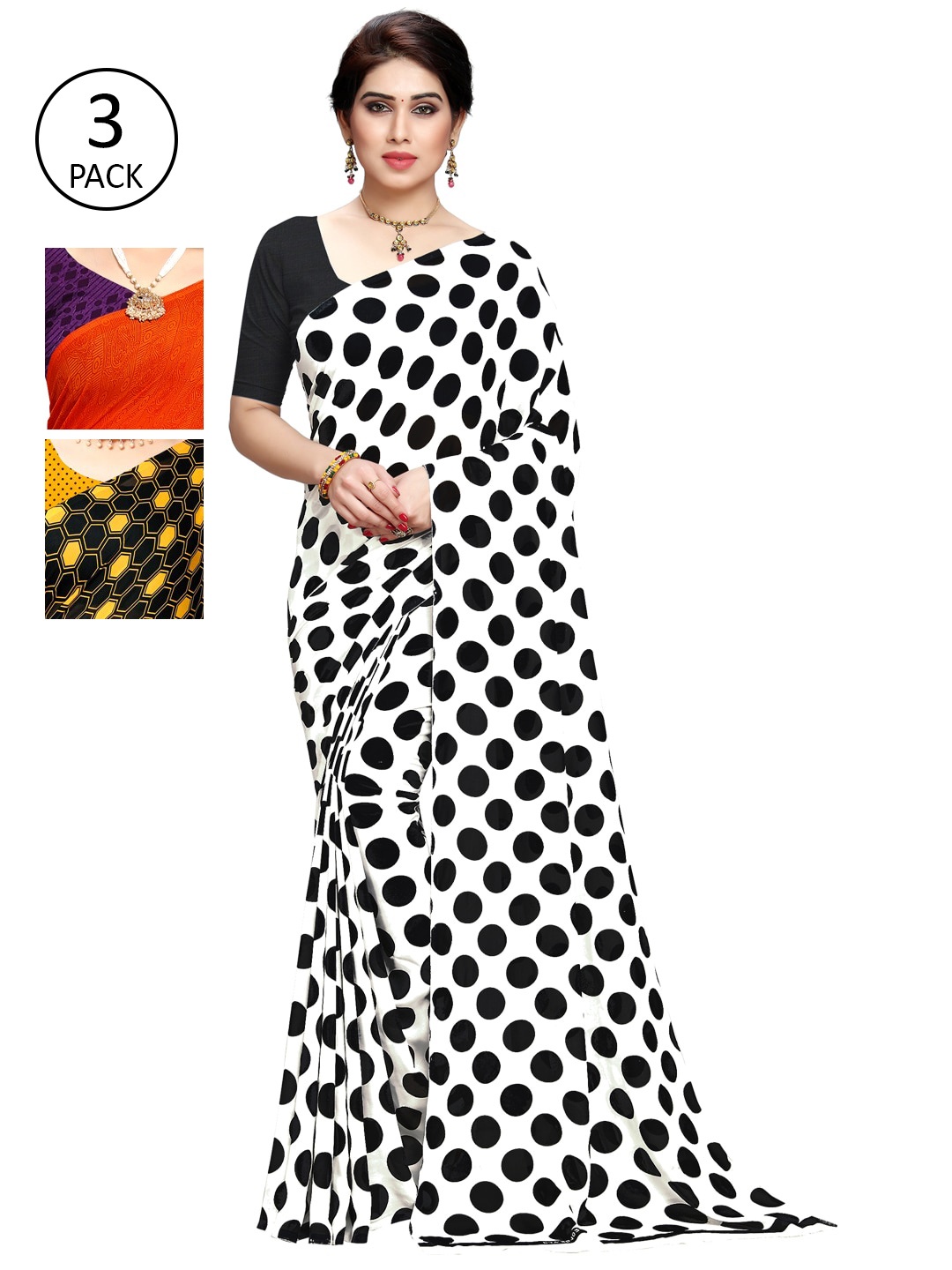 KALINI Pack of 3 Printed Poly Georgette Saree, Multi