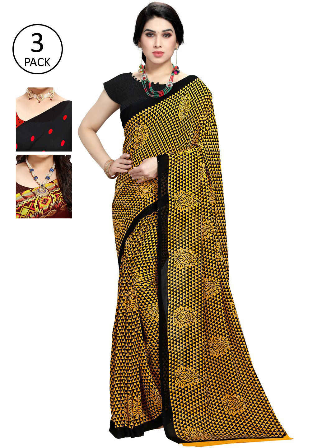 KALINI Pack Of 3 Red & Mustard Yellow Saree
KALINI Pack Of 3 Red & Mustard Yellow Saree