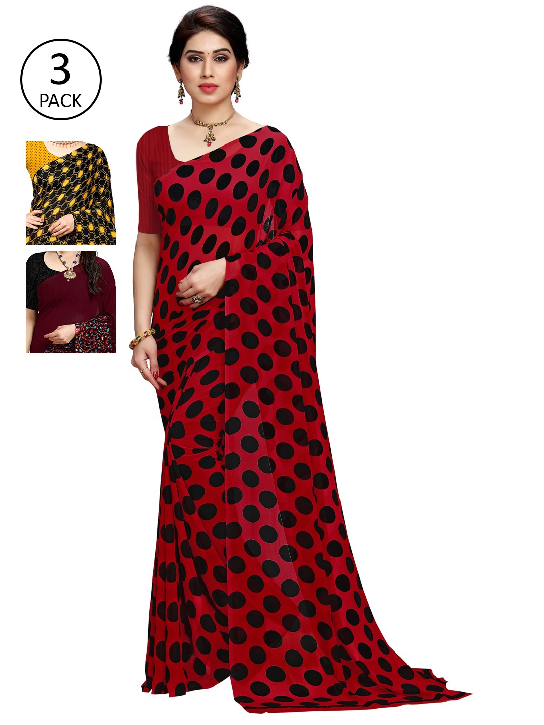 KALINI Pack of 3 Printed Sarees, Red