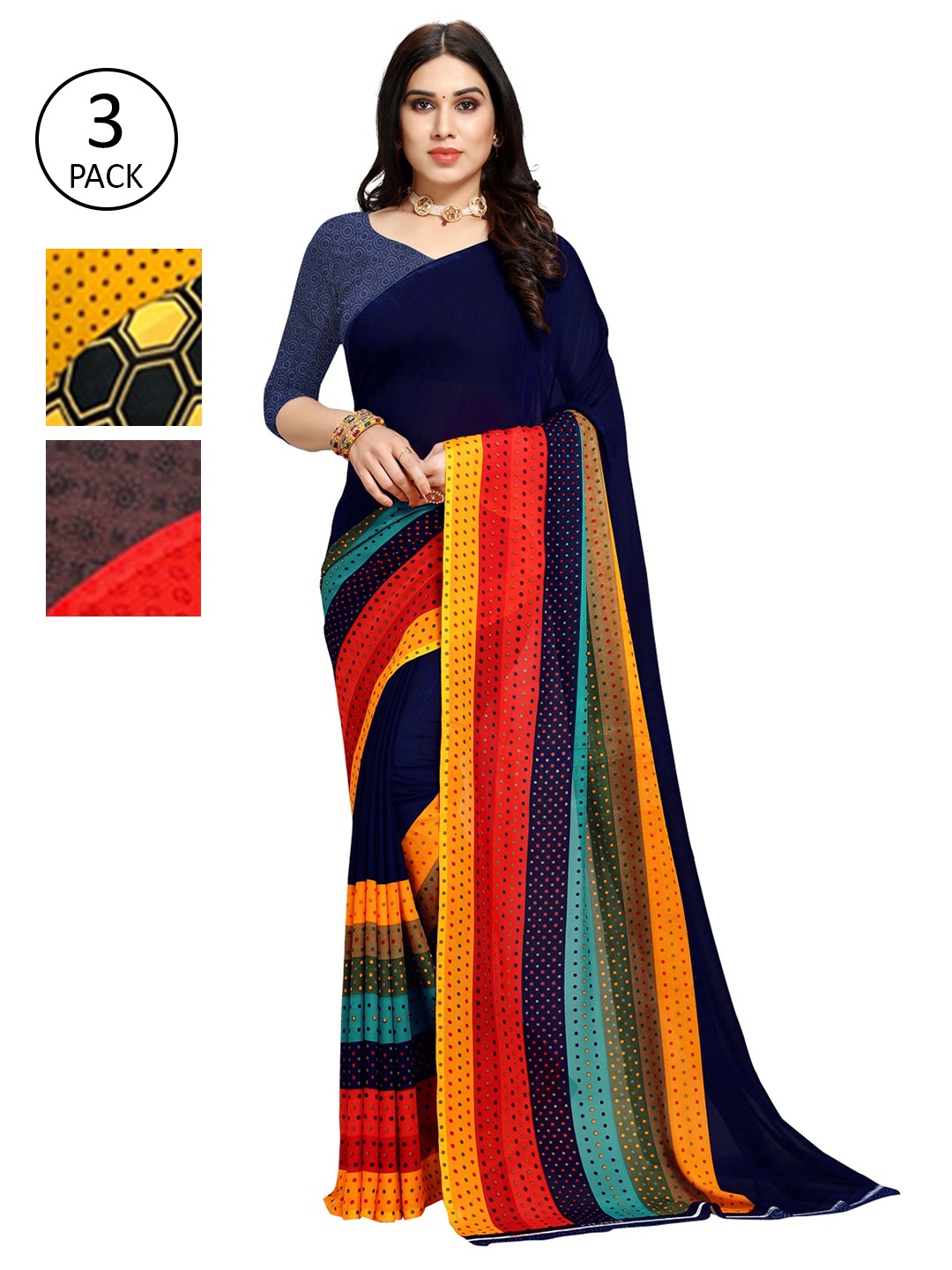 KALINI Pack of 3 Printed Sarees, Navy blue