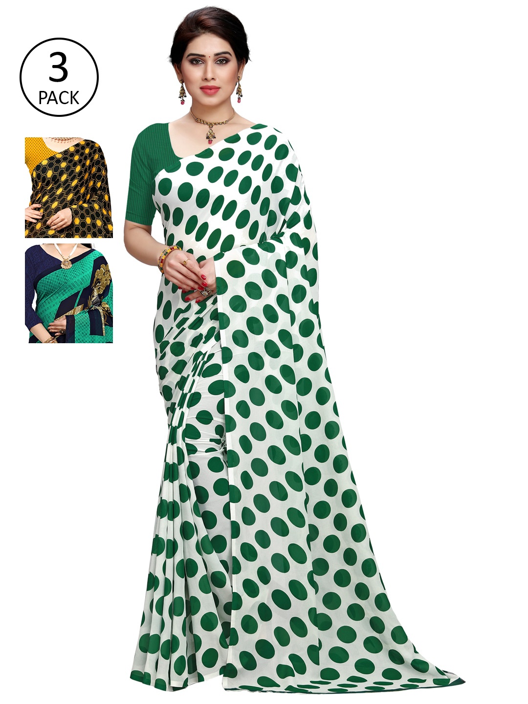 KALINI Pack of 3 Printed Saree, Green