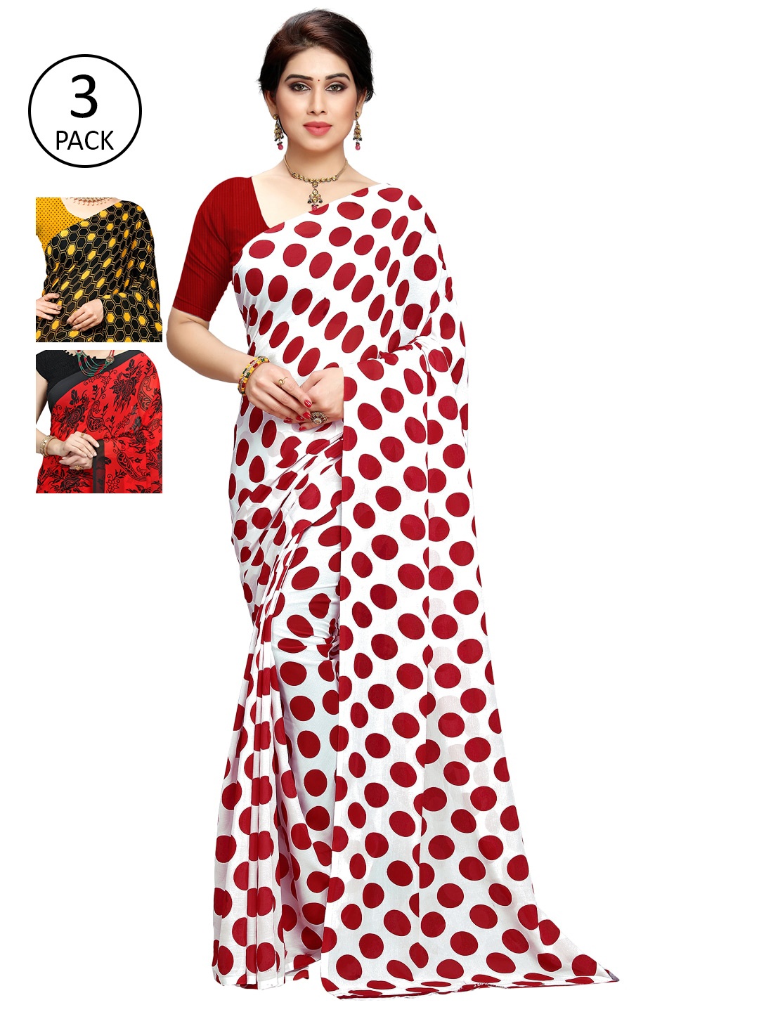 KALINI Pack of 3 Printed Sarees, White