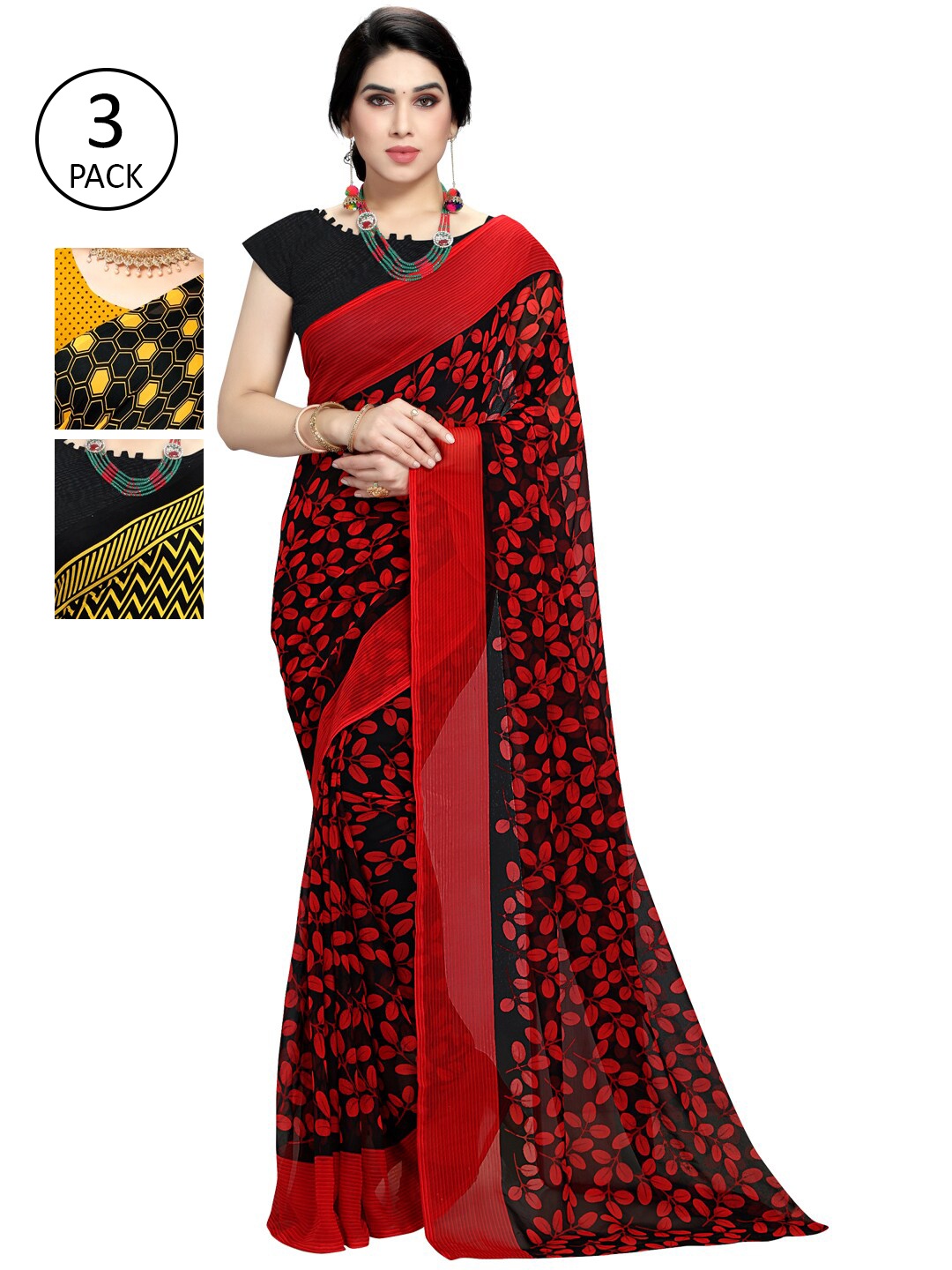 KALINI Pack of 3 Printed Poly Georgette Saree, Multi