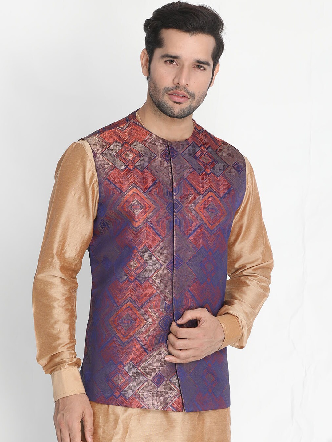 VASTRAMAY Men Purple Printed Nehru Jacket