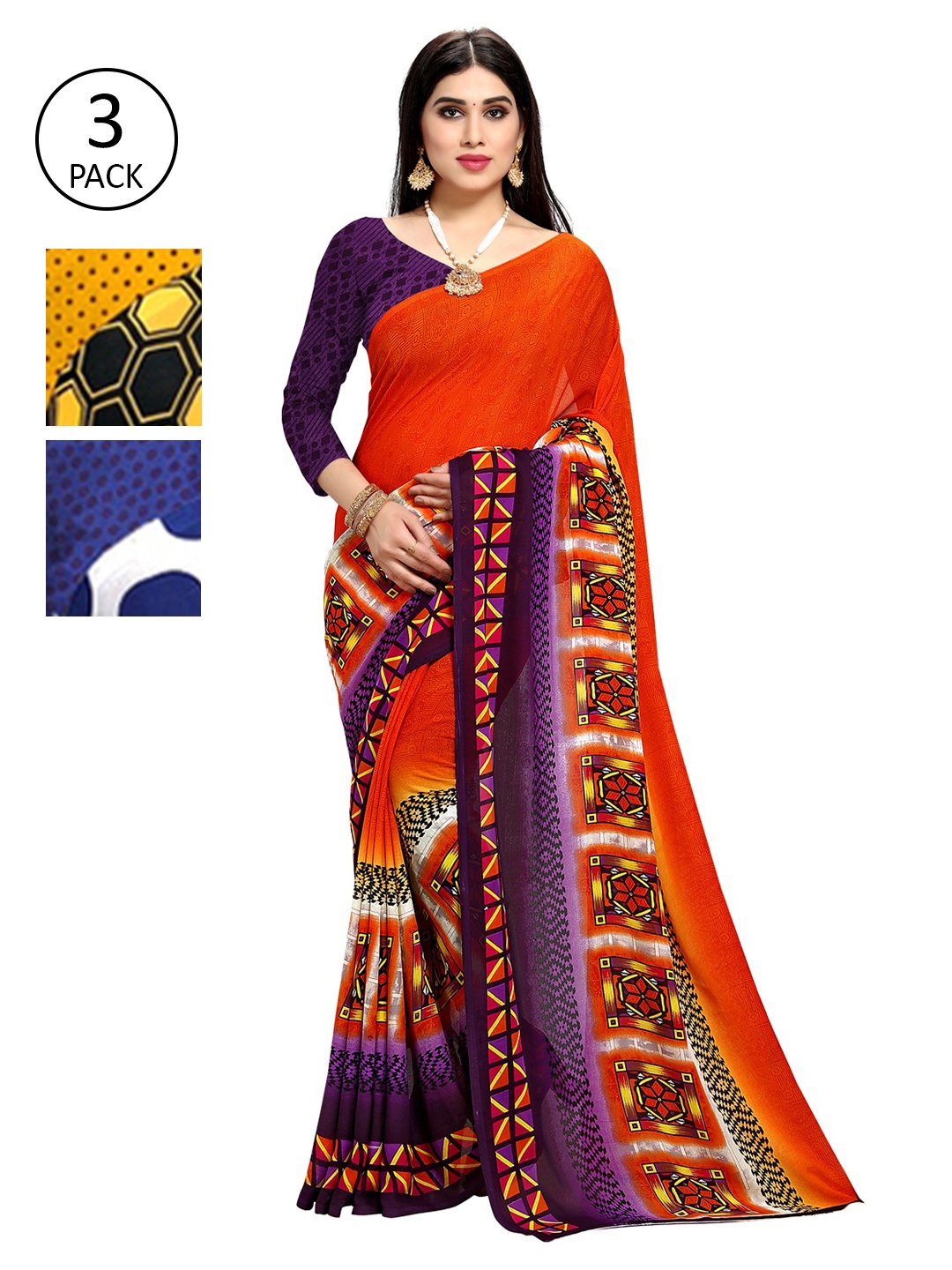 KALINI Pack of 3 Printed Sarees, Red