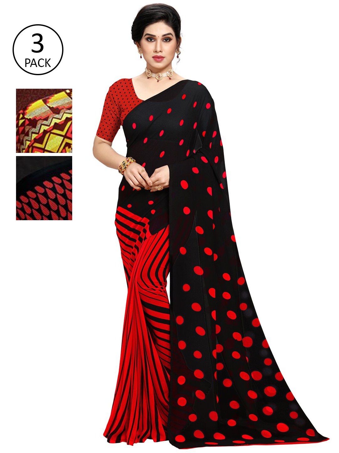 KALINI Red & Maroon Pack of 3 Printed Saree