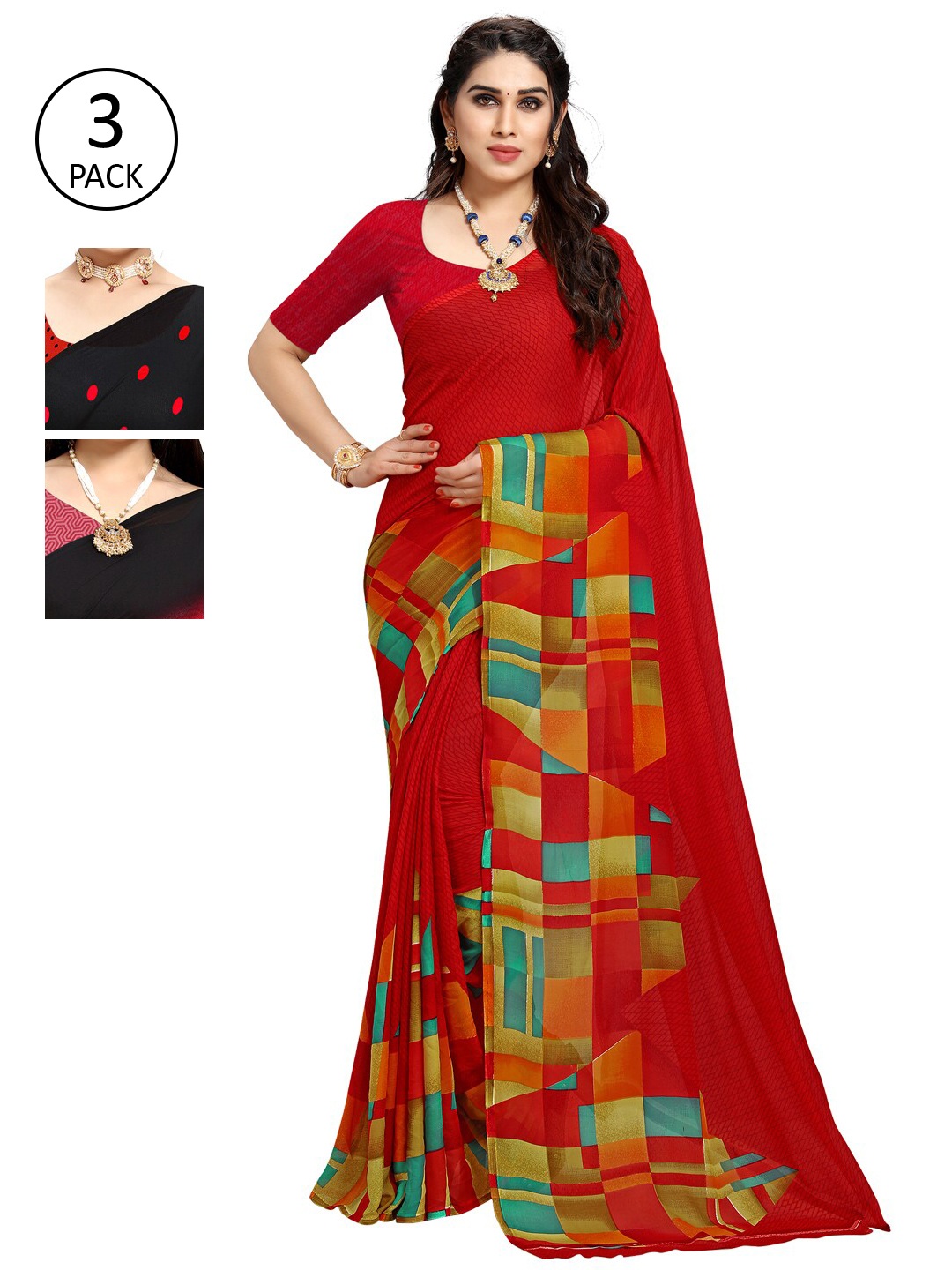 ANAND SAREES Pack of 3 Poly Georgette Printed Sarees, Orange
