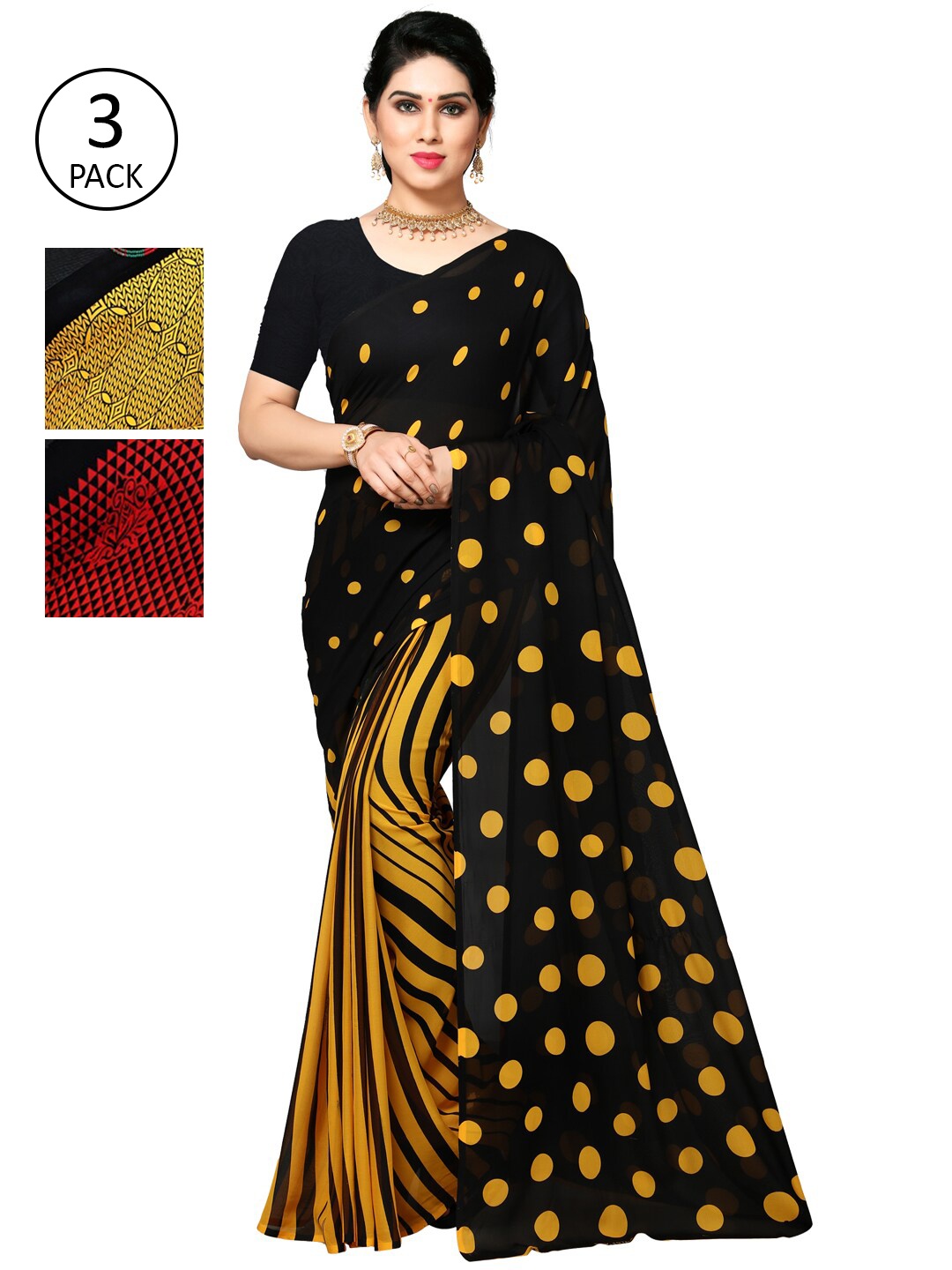 KALINI Pack of 3 Poly Georgette Printed Sarees, Mustard