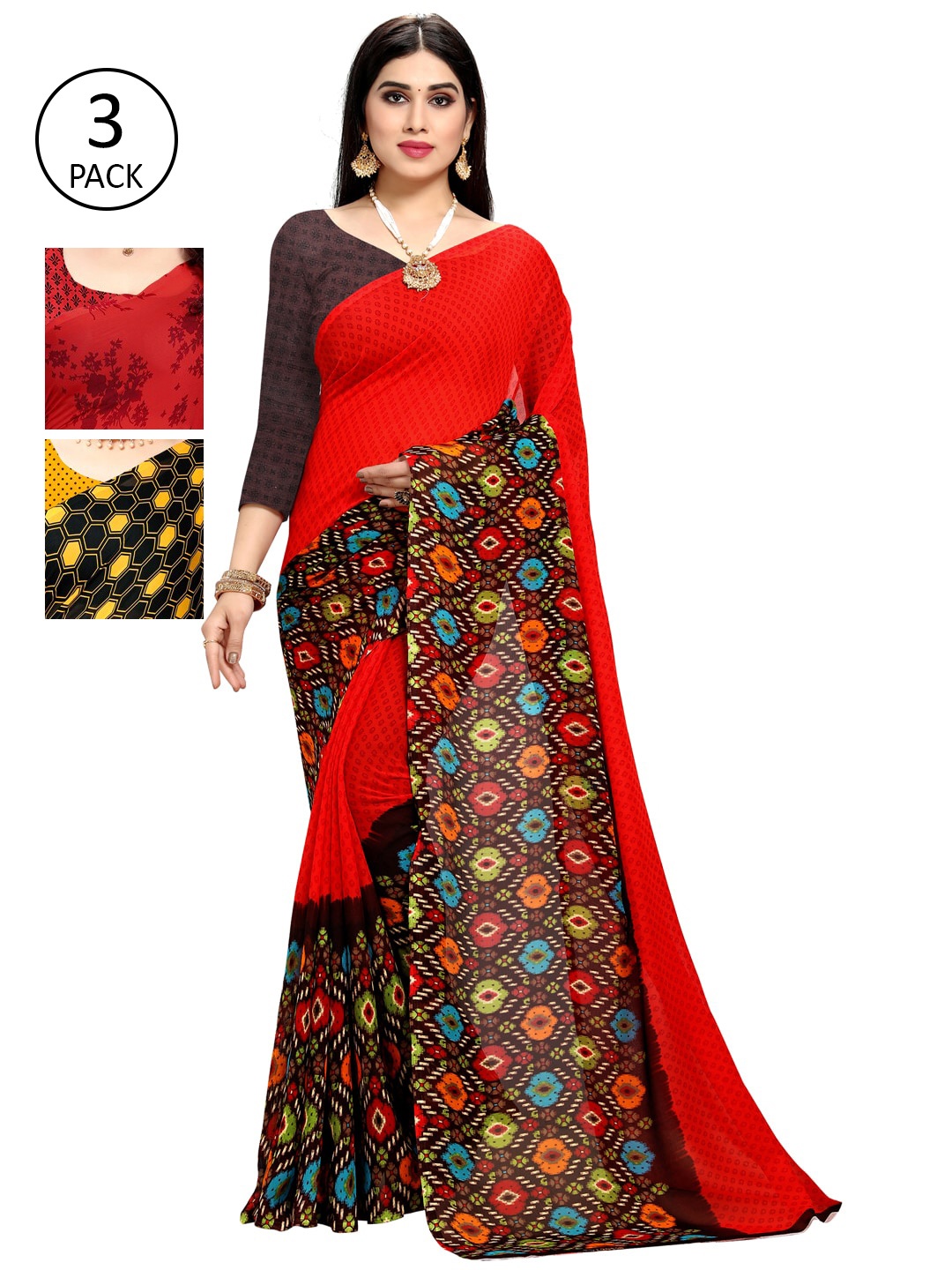 KALINI Women Pack of 3 Printed Poly Georgette Sarees, Red