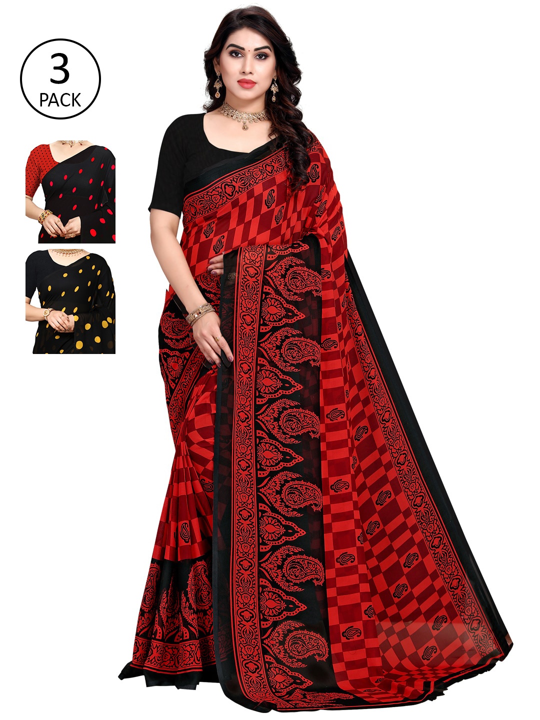 KALINI Black & Red Pack of 3 Saree