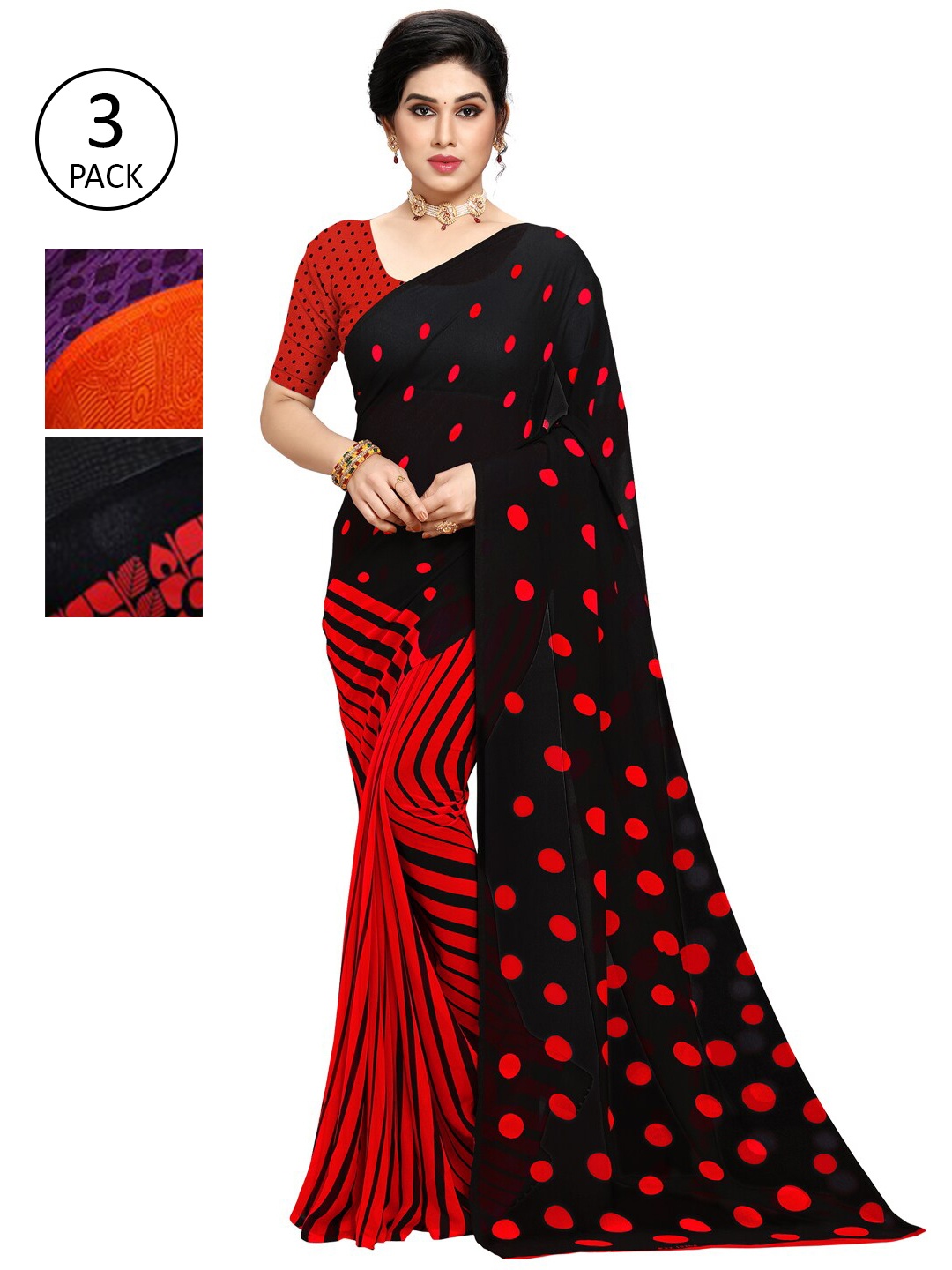 KALINI Women Pack of 3 Printed Sarees, Red