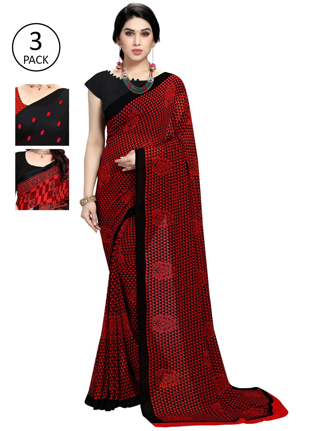 KALINI Pack of 3 Poly Georgette Sarees, Red