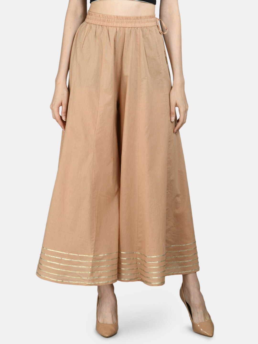 Myshka Women Beige & Gold-Toned Flared Knitted Palazzos