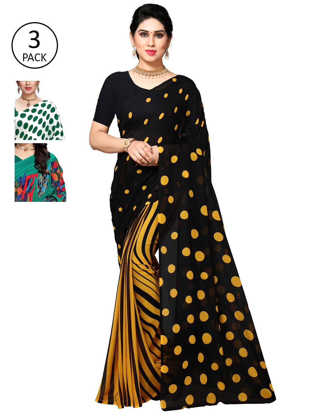 KALINI Women Pack of 3 Printed Poly Georgette Sarees, Green