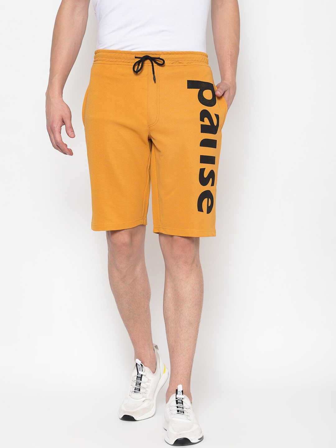 PAUSE SPORT Men Mustard Yellow Typography Printed Slim Fit Mid-Rise Regular Shorts