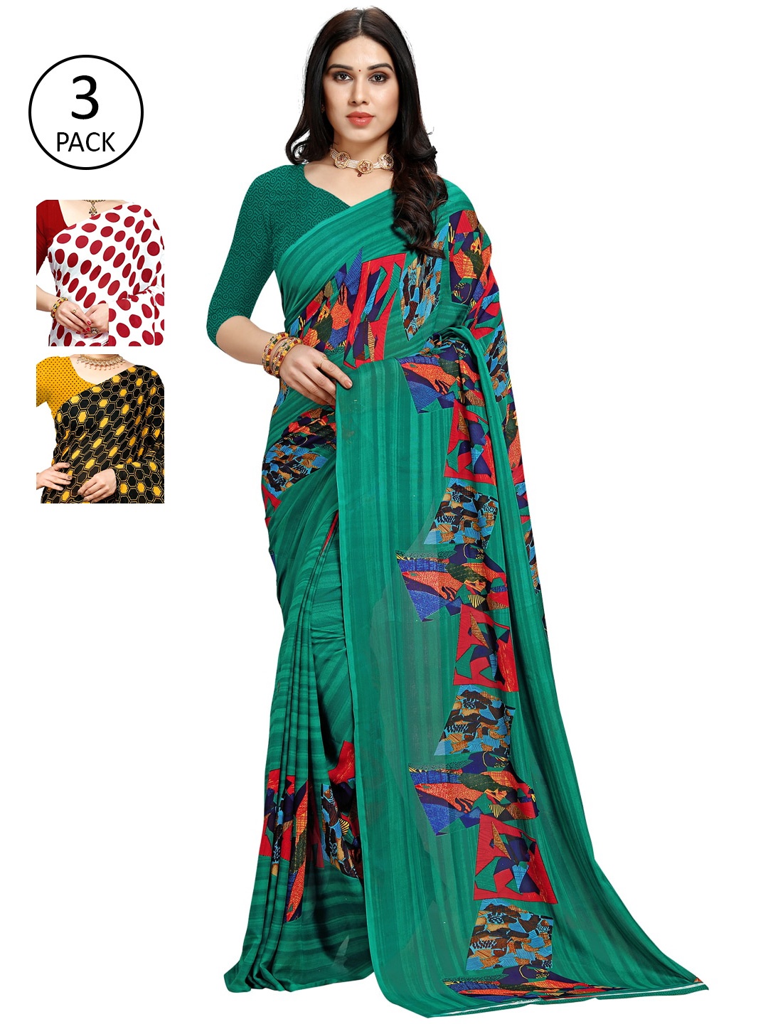 KALINI Multicoloured Set of 3 Poly Georgette Saree, Multi