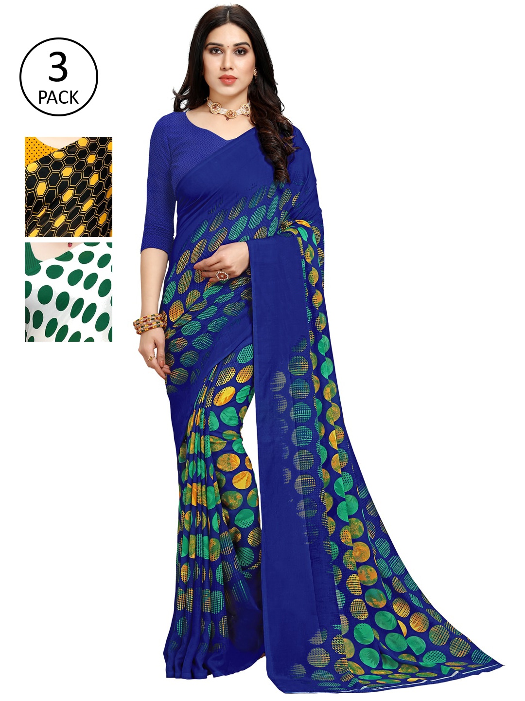 KALINI Pack of 3 Poly Georgette Sarees, Black